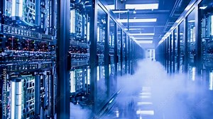 A high-tech data center with illuminated server racks and fog effects.