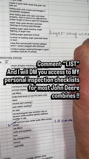 Mike J on Instagram: "💪Get started on your inspection by.. Commenting “list” to access my personal inspection checklist for most John Deere combines. 💪With the inspection list purchase, you can Ask me John Deere combine related problems anytime- I will always try to help✅ ✅ I have 30+ years experience working at a John Deere dealer with very extensive inspection and repair experience on John Deere combines -✅ I created my own inspection list that is as good as the dealer versions and has some 