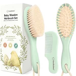 Baby Hair Brush Set for Newborns - Soft Goat Bristle Wooden Baby Brush and Comb Set Newborn Grooming Kit for Cradle Cap, Durable & Gentle, Boy, Girl Infant Essentials Care Kit (Regular, Sage)