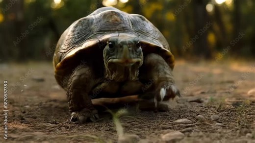 Turtle moves slowly across the ground in a natural setting during sunset