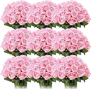 Jexine 100 Pieces Artificial Roses Flowers Bulk, Long Stem Realistic Fake Silk Roses Bouquet for Table Centerpiece Vases Wedding Party Kitchen Decor(Pink)