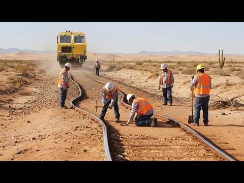 How Workers Assemble Railway Tracks Across the Vast Desert