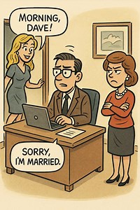 So this guy, Dave, gets a new job — and he’s feeling himself. Fresh suit, corner office, and a secretary named Chloe who looks like she walked out of a perfume commercial. One night, Dave and his wife Lisa are at dinner. She's sipping wine, and casually says, “So… this new secretary of yours — is she pretty?” Now Dave knows this is a trap. A minefield. A test created by ancient wives and perfected over centuries. So he says, “Well, she’s… professional.” Lisa raises an eyebrow. “Professional like
