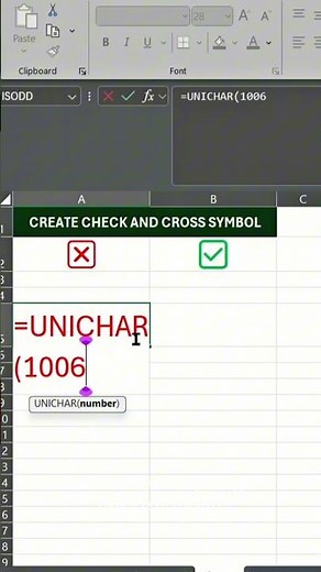 How to Insert Cross (❌) and Check (✅) Symbols in Excel Using UNICHAR Function