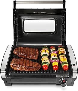 Hamilton Beach Electric Indoor Searing Grill with Viewing Window & Adjustable Temperature Control to 450F, 118 sq. in. Surface Serves 6, PFAS-Free Removable Nonstick Grate, Stainless Steel