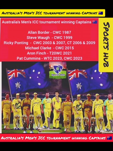 3.8K views · 21 reactions | winning Captains  #australia Allan Border - CWC 1987 Steve Waugh - CWC 1999 Ricky Ponting - CWC 2003 & 2007, CT 2006 & 2009 Michael Clarke - CWC 2015 Aron Finch - T20WC 2021 Pat Cummins - WTC 2023, CWC 2023 | Sports Hub | Facebook