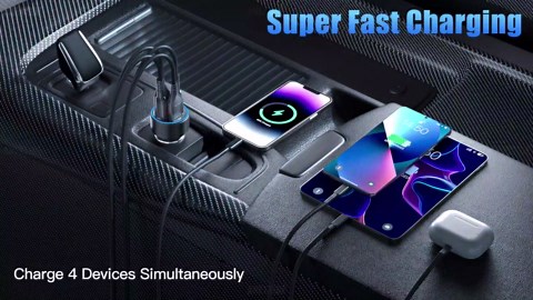 Car Charger USB C, 78W 4 Port Fast Charging Car Phone Charger Adapter, Dual USB-C & USB-A Cigarette Lighter Adapter with Voltage Display for iPhone 17 16 15 iPad Samsung Android