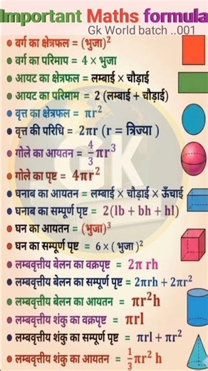 गणित के महत्वपूर्ण सूत्र | Maths Important Formulas | Ganit Sutra | #maths formulas.