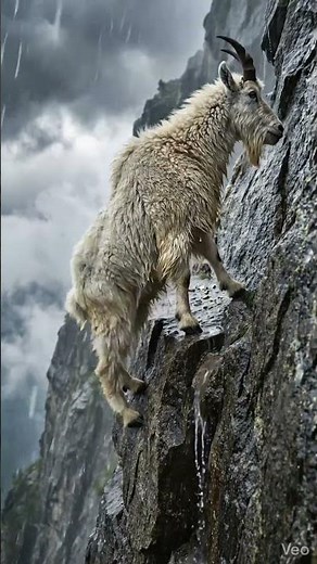 Mountain Goat Balancing on Rain-Slick Cliff