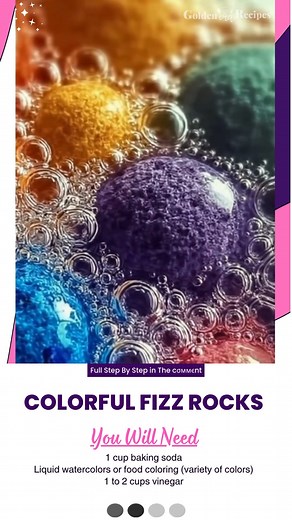 A magical science experiment kids will beg to do again! These Colorful Fizz Rocks are made by mixing baking soda and a few drops of food coloring, then letting the vibrant clumps dry. Give your child a dropper or squeeze bottle of vinegar and watch their delight as the rocks fizz, bubble, and "explode" with color. | Golden Era Recipes