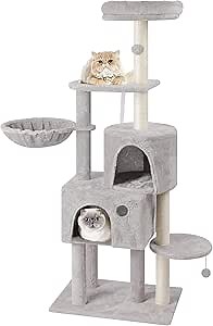 59in Cat Tree Tower for Indoor Cats - Tall Cat Climbing Tower with Sisal Cat Scratching Post, Cat Condo, Cat Furniture Activity Playground with Perch and Hammock for Large Cats and Kittens CT-DM-802