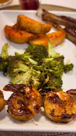 Todays CWC TIK TOK we have : BBQ lamb chops Roasted broccoli ( my favorite ) Rosemary sazon garlic potatoes BBQ shrimp skewer Half & half Side of plumbs 💜 (Forgot to record a lot of steps) Make sure you wash all your food first including the lamb season to your liking #chef #cooking #lambchops #hungry #dinner #WCWTIKTOK #trendsetterstudios