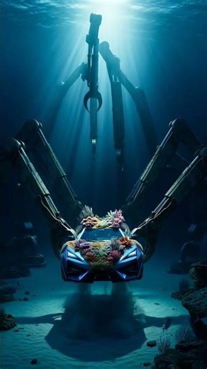 Futuristic car salvaged from deep ocean floor by machinery.