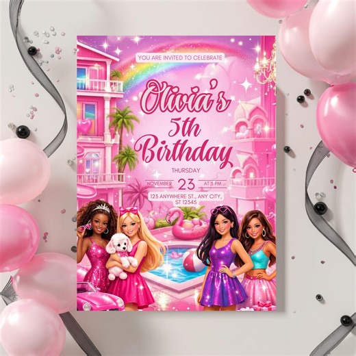 Barbie Birthday Invitation Canva, Pink Glam Party Template, Editable Girls Invite, Digital Download, Printable & Mobile Design - Etsy