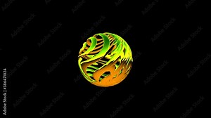Animated spherical object with spiral construction with few rotations in space during time sequence.