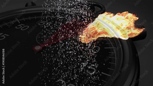 Falling silvery granules igniting crown flame, stopwatch dial forming particles into glowing plume