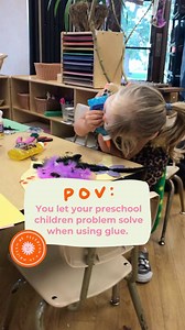 I didn’t know until I was a preschool teacher that glue could be squeezed from a bottle using one’s mouth 😂I’ve seen chins be used as well. Do you see the problem solving that happened here? Her hands were sore from squeezing so she found that she could use her mouth instead! Here are a few reasons why I allow children to freely explore and problem solve with glue... ✨Children need to experience using too much or too little glue to learn the right amount to use. Constant intervention prevents t