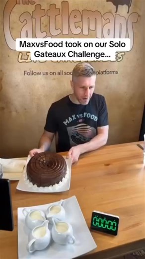 9.4K views · 56 reactions | We challenge Max bs food to complete the Gateaux Challenge in under 5 mins .. see how he got in !! #foodchallenge #maxvsfood #cattlemanssteakhouse | Cattlemans Steakhouse | Facebook