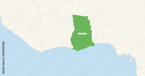 World Map Zoom In To Ghana. Animation in 4K Video. Green Ghana Territory On Blue and White World Map