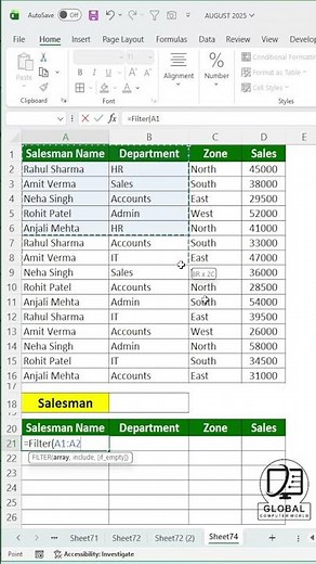 How to Get Salesman Wise Data using FILTER Function in Excel | Filter Function 🔥 #excel #exceltips