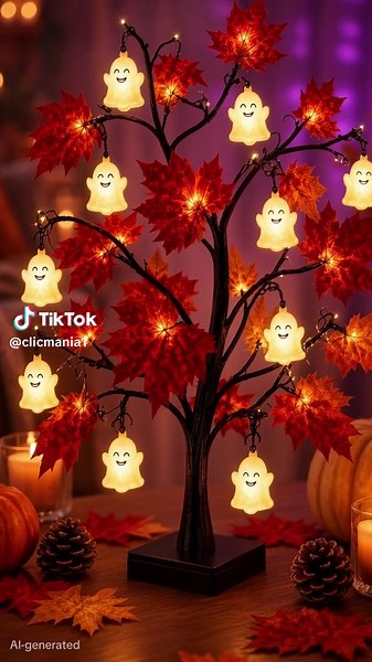 🍂🎃 Dale un toque mágico y acogedor a tu decoración de Halloween. 👻✨ Este hermoso árbol con hojas otoñales y luces de fantasmitas iluminará cualquier espacio y hará que tu hogar luzca increíble. 🧡🏡 Perfecto para decorar esta temporada. 👻🍁 #halloween #arbol #decoracion #parati #viralvideo