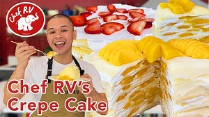 439K views · 10K reactions | MANGO CREPE CAKE 2 ½ cup cake flour ¼ cup white sugar ½ teaspoon fine salt 6 whole eggs 3 cups fresh milk 4-6 tablespoons melted butter 2 cups cream, whipped with sugar 1 kilo ripe mangoes, sliced and tossed in mango jam | Chef RV Manabat | Facebook