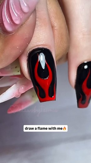 Montreal Nail Tech and Educator🇨🇦💫 on Instagram: "Let’s draw a flame🔥 I love flame nails!! Can we talk about how pigmented this red is like on top of black only one coat😍😍😍 @chaunlegendnails 💗 black diamond gel polish 💗 persimmon gel polish 💗 no wipe top coat - - - - - - - - - - Flame nails, fire nails, cute nails, nail tutorial, watch me work nails, summer nails, nail art, hand painted nail art; nail inspo"