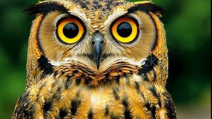 A great horned owl stares intensely with its large, bright yellow eyes