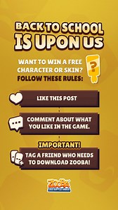 Time to pack your gear and sharpen those claws! It's back to school time, and to cheer you up, we're giving away a free character of your choice to help you SLAY in the game! Wanna win? Just: 1️⃣ Like this post 2️⃣ Comment about what you like in the game. 3️⃣ Tag a friend who needs to download Zooba too! 3 comments will be randomly selected and we will send a DM on 8/11 to the winners. #Zooba #ZooBattleArena | Zooba - Zoo Battle Arena