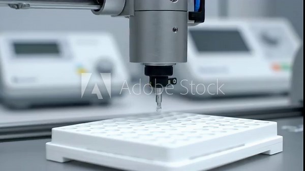 Automated lab equipment dispenses liquid into a multiwell plate. Precision robotics perform repetitive scientific tasks with accuracy. The background shows control units for lab automation