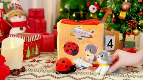 JoyCat Baby Toys 6-12 Months - Mystery Soft Box with 10 Sensory Objects, Rattle, Crinkle Paper, Mirror - What's Inside Box Infant Gifts, Soft Busy Toys 1-2 - Baby Easter Basket Stuffers Gifts