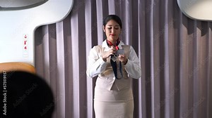 Flight attendant performing a pre-flight safety demonstration. Cabin crew or air hostess occupation working in airplane . Concept of emergency checklists, airline, customer service and passenger.