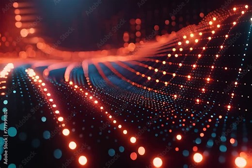 Swirling patterns of glowing lights dance across a dark abstract background, illuminating the screen in a mesmerizing display of color and movement.