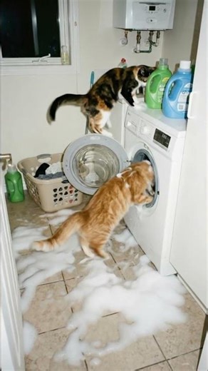 Two Cats vs. Exploding Foam Washing Machine#cats