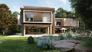 3D animation of a large wooden mansion with pool and garden in the evening