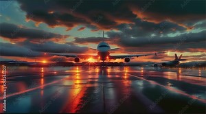 Sunset Landing: A stunning image capturing an airplane gracefully landing amidst the vibrant hues of the setting sun, blending the elements of the sky, runway, and lights