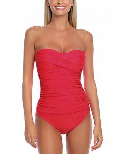 RELLECIGA Women's Red Padded Twist Front Ruched One Piece Swimwear Bandeau Strapless Sexy Swimsuit for Women Open Back Tummy Control One piece Bathing Suit with Removable Strap