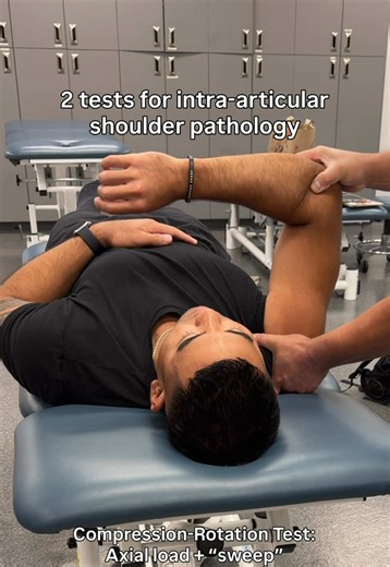 2 Shoulder Special Tests for Intra-Articular Pathology Crank Test: Utilizes an axial load to compress the labrum, followed by internal and external rotation. A ( ) test reproduces pain, clicking, or catching. Commonly used to assess for superior labral anterior–posterior (SLAP) lesions and other labral pathology. Compression–Rotation Test: Also applies axial compression onto the labrum prior to ER/IR, used to assess the entire labrum and articular surfaces. A ( ) test reproduces pain, clicking, 