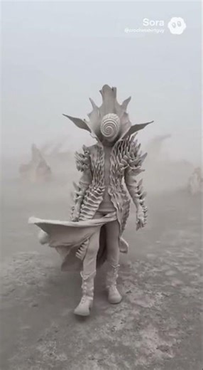 Creepy Alien Figure Walking in Wind AI Video