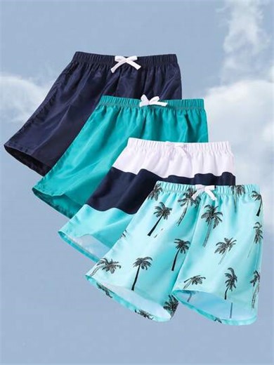 SHEIN 4pcs/Set Tween Boy Summer Shorts, Buy 2 Get 2 Free - Mint Green Beach Shorts, Blue Beach Shorts, Green Beach Shorts, Palm Tree Print Beach Shorts, Suitable For Spring/Summer, Outings, Valentine's Day, Dates, Travel, Vacation, Family Gatherings, Back To School, Sports, Birthday Parties | SHEIN