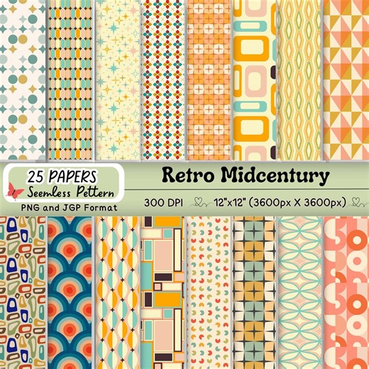 25 Midcentury Modern Seamless Pattern | Cozy Retro Look for Small Creative Shops - Etsy