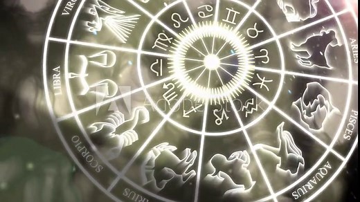 4K Zodiac horoscope wheel with star signs, symbols and icons. 3D horoscope wheel with glowing astrological symbols and icons slowly spinning against a magical background.