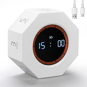 Small Rechargeable Pomodoro Timer, Gravity Sensor Auto-Rotating 7 Preset Times (1/3/5/15/30/60/90 min) & Count Up Mode, Digital Kitchen Timers for Cooking, Work and Study (Pearl White)