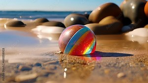 Closeup of the beach ball floating in a tide pool, offering a unique perspective as it bobs in the calm, shallow water.