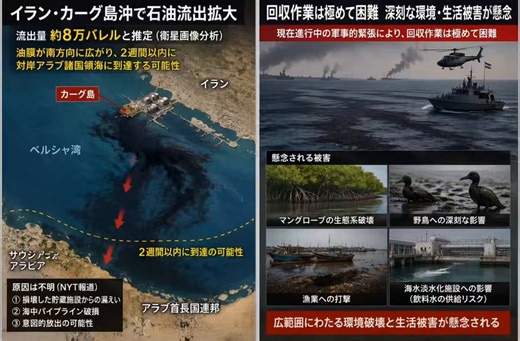 カーグ島沖で石油流出拡大中ペルシャ湾に浮かぶイランの主要石油積出拠点だ衛星画像分析で流出量は約8万バレルと推定され、油膜が南方向に広がり、2週間以内にサウジアラビアなど対岸アラブ諸国領海に到達する可能性原因は不明で①損壊した貯蔵施設からの漏えい②海中パイプライン破損③意図的放出の可能性などが考えられるそう軍事的緊張が続いてるため回収作業は極めて困難海洋生態系や漁業、海水淡水化施設への深刻な環境破壊や生活被害が心配されてるねいやこれ、原因不明ちゃうやろ....