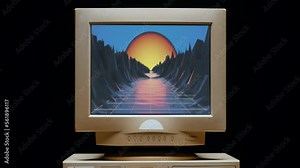 Retro pc with vintage screen saver, for chroma key green screen, Old computer studio close-up, Desktop vintage retro wave display, late 90s PC mock up for 3d motion design