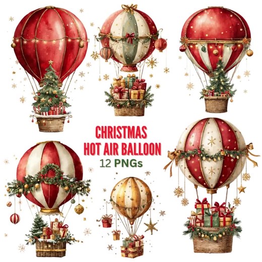 Christmas Hot Air Balloon Clipart | Festive Holiday Graphics | Digital Download | 12 PNG Files - Etsy UK