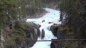 Sunwapta falls: an island is surrounded by the water, then the water falls down Stock Video
