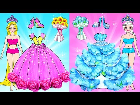 Học Làm Búp Bê Giấy - Cuộc Thi Cô Dâu Rapunzel & Elsa Làm Váy Cưới Hồng Xanh - Câu Chuyện Của Barbie