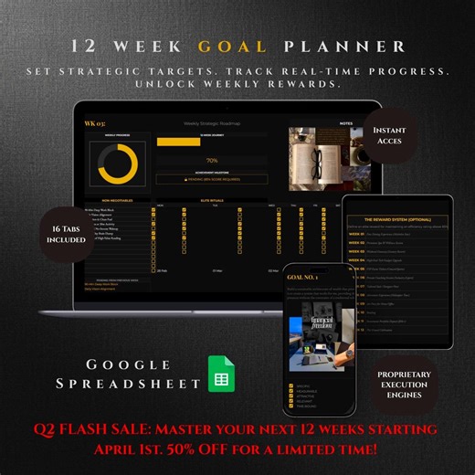 Ultimate 12 Week Year Planner Google Sheets, Productivity Tracker, Goal Setting Dashboard, Digital Life Organizer, Black Gold Aesthetic. - Etsy